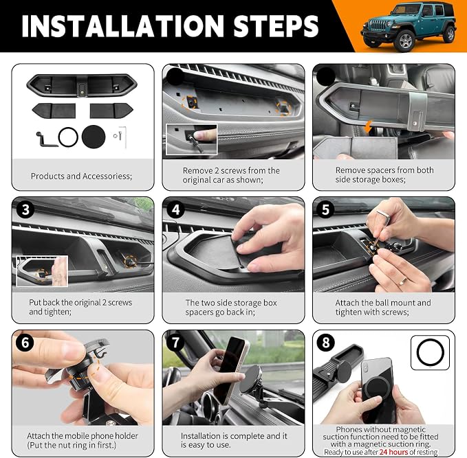 Dashboard Phone Holder Compatible with 2018-2023 Jeep Wrangler JL JLU&Gladiator JT Center Console Organizer Dashboard Phone Multi-Mount Kit for Wrangler 4X4 Accessories(JL/JT 4X4 2018-2023)