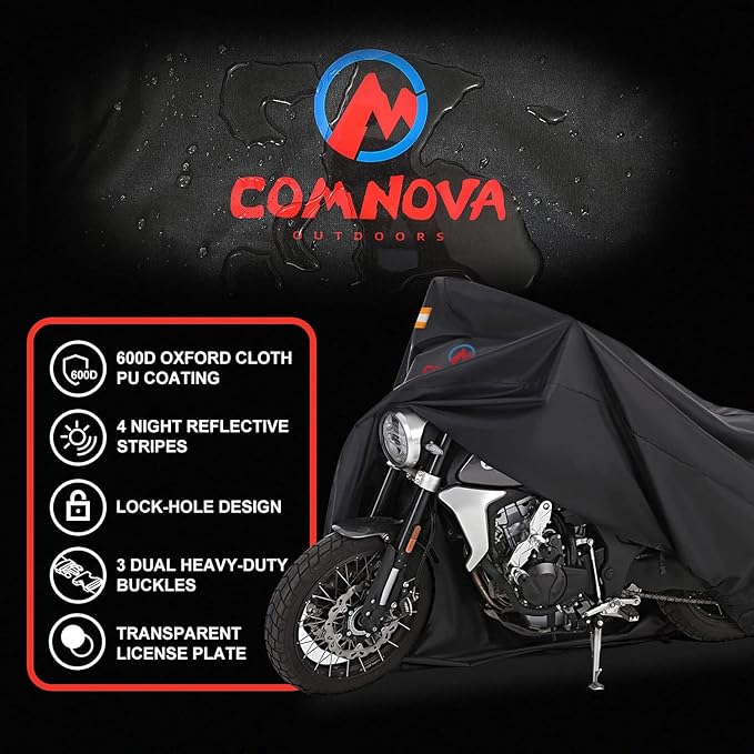 Comnova Motorcycle Cover 91 Inch - 600D Outdoor Moped Cover with Lock Hole Universal Fit, Heavy Duty & Waterproof Motor Cycle Protection for Harley, Honda, Kawasaki, Fit Up to 91" Motorcycles
