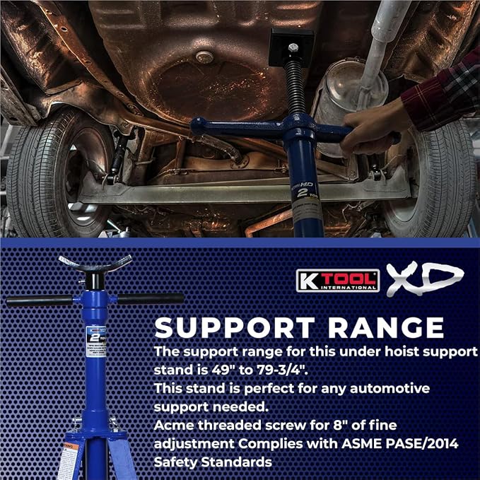 K Tool International XD61002 2 Ton Automotive Under Hoist Tripod Stand for Garages, Repair Shops, and DIY, 4,000lb. Capacity, Support Range 49"-79.75", Heavy Duty Steel, 24" Base, 3.25" Saddle, Blue