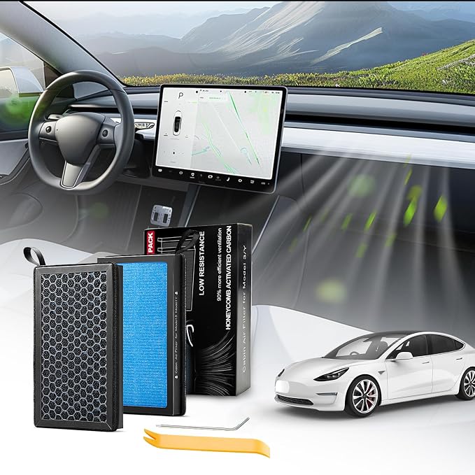 for Tesla Model 3/Y Cabin Air Filter, 2 Pack 4-Layer HEPA 99.5% Filtration, Exact Fit 2016-2026 Model 3/2020-2026 Model Y, Humidity-Resistant & Durable with Removal Tool