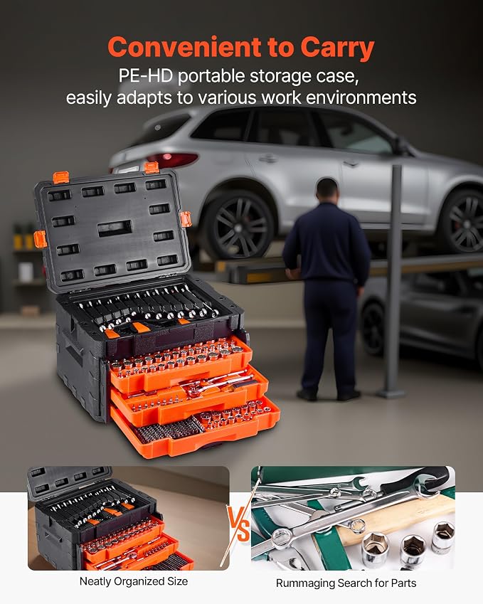 VEVOR Mechanics Tool Set and Socket Set, 450 Pcs, 1/4, 3/8 and 1/2 inch Drive Deep and Standard Sockets, SAE Metric Mechanic Tool Kit with Bits, Wrenches, Accessories, Storage Case with Orange Drawer
