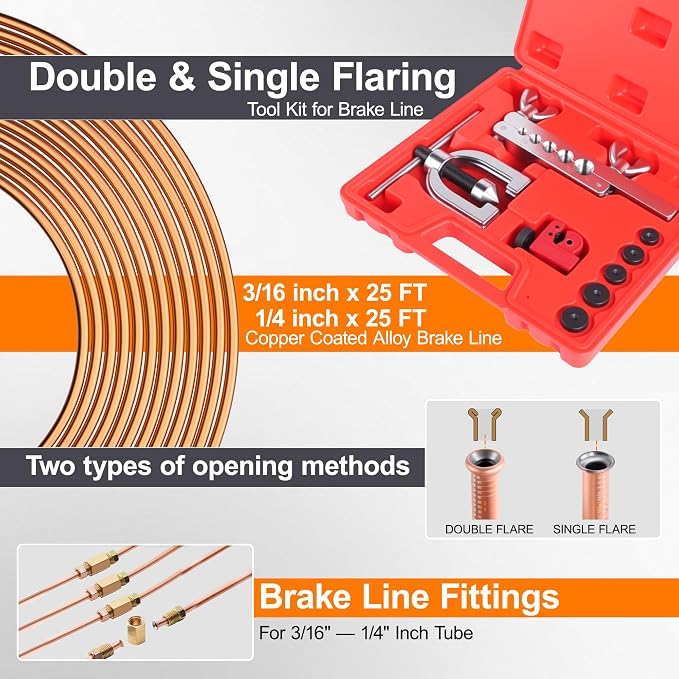 3/16" 1/4" Brake Line Repair Kit, Double & Single Brake Line Flaring Tool Kit + 2 Set 25ft 3/16" 1/4" Inch Brake Line with 100 Pcs Fittings(8 Unions Included) + Brake Line Bender