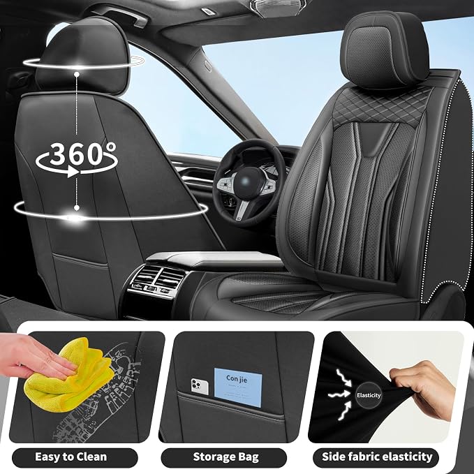 Fit CRV CR-V Car Seat Covers Premium Leather for Honda CRV CR-V 2013-2025 2026. Waterproof， Anti-Slip, Scratch-Resistant & All-Weather Seat Cushion Protector (Full Set, All Black)