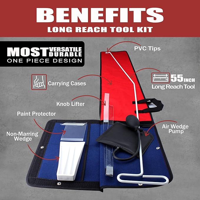 55 Inch Long Reach Tool - Car Tools with J-Hook,Air Wedge Pump,Non-Marring Wedge and Carry Bag,One Piece Design