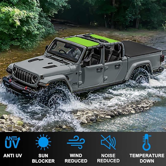 JT Top Sun Shade Roof Compatible with Jeep Gladiator 4 Door 2018 to 2023 Sunshade Sunroof Bikini Cover Blocks UV Wind Noise Green Mesh for Front and Rear 2 pcs