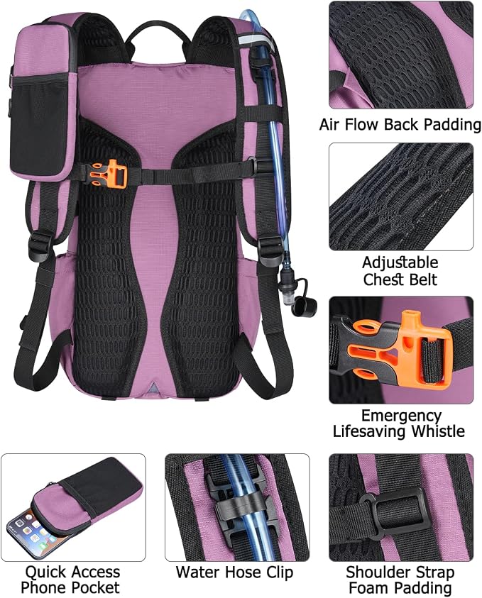 NOOLA Hydration Backpack with 3L Water Bladder - 25L Water Backpack for Hiking, Cycling, Running, Biking - Lightweight Hiking Pack Bag with Rain Cover, Phone Holder and Trekking Pole Holders, Purple