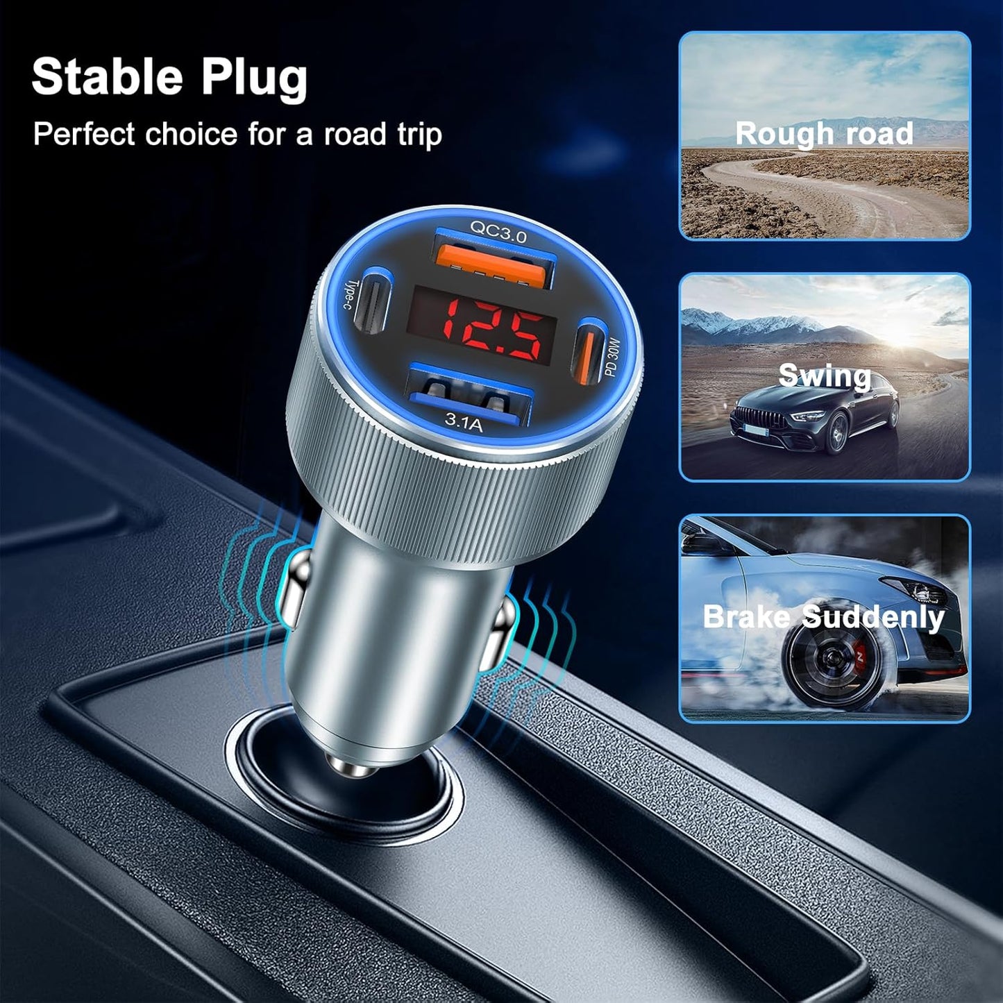 Car Charger USB C, Besgoods 65W 4-Port USB Cigarette Lighter Adapter with Voltmeter PD QC Fast Charging for iPhone 16 15 14 13 12 11 Galaxy S24 S23 A54 A15 Dash Cam Car Accessories, 2Pack