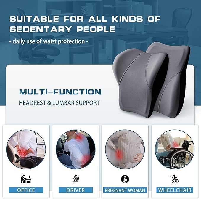 Car Seat Lumber Support Pillow&Neck Pillow Kit,Ergonomic Memery Foam Neck Pillow and Back Cushion for Back Pain Relief,Comfort for Car,Office