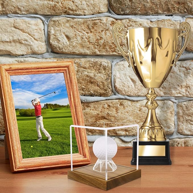Clear Acrylic Golf Ball Display Case with Wood Base & Acrylic Holder, Memorabilia Stand Cube Holder, Dust Protection Transparent Storage Box for Single Ball Souvenir Golfball Collections