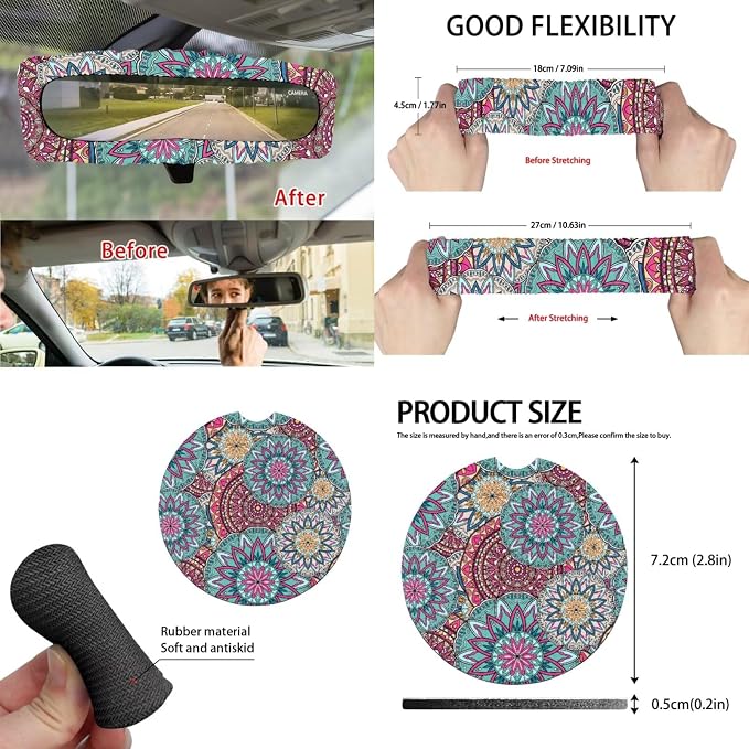 Boho Mandala Floral Car Accessories Car Seats Cover Protector, Steering Wheel Covers, Seatbelt Cover, Car Trash Can, Cup Coasters, Rearview Mirror Cover, Keychains, Pack of 15