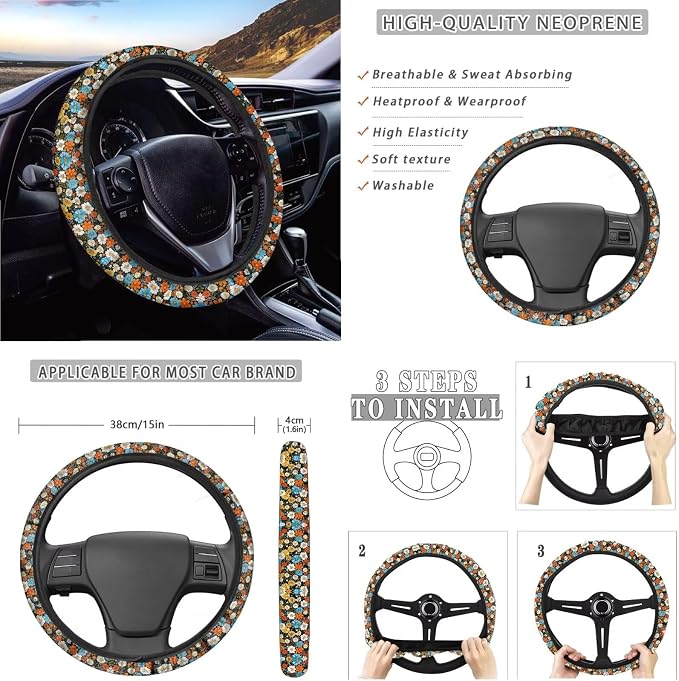 Car Accessories Car Seat Covers Full Set/Seatbelt Shoulder Pads/Coasters/Key Ring/Lipstick Holder for Women's Vehicle Decor(13 Pack), Colorful Hippie Floral Print