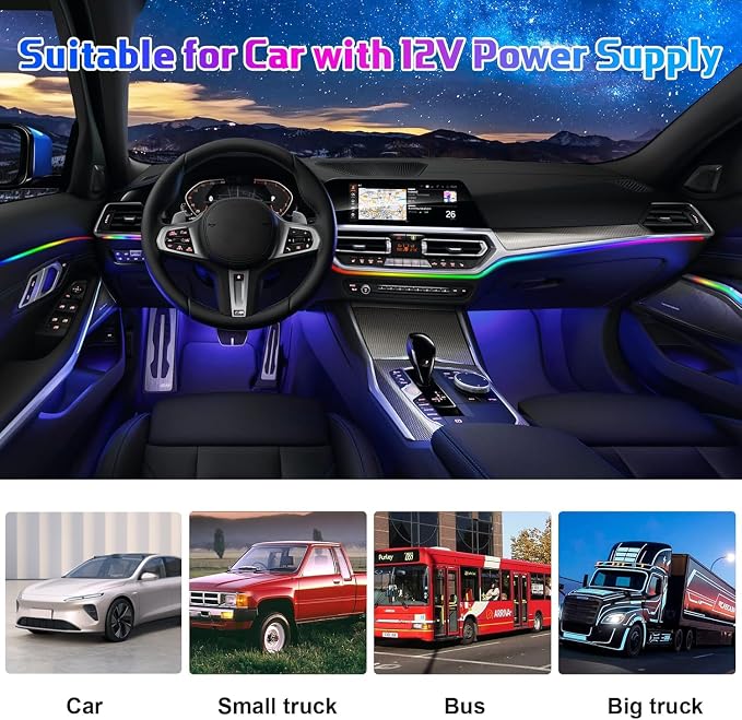 Acrylic Interior Car LED Strip Light RGB Dreamcolor 10 in1 with Wireless APP, 175 inches 593 LED 16 Million Color Fiber Optic Automotive Ambient Light Kits Music Sync Sound Activated Car Neon Lights