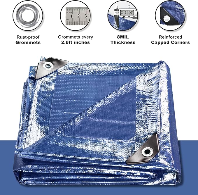 Tarps Waterproof 6x8 Feet, 4 Pack Heavy Duty Blue Tarp Cover 8 Mil Thick, Resistant Plastic Tarpaulin with Metal Grommets, Outdoor Tent Cover for Emergency Rain