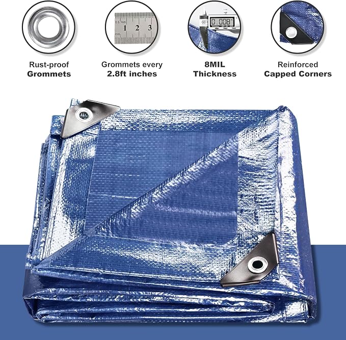 Tarps Waterproof 6x8 Feet, 2 Pack Heavy Duty Blue Tarp Cover 8 Mil Thick, Resistant Plastic Tarpaulin with Metal Grommets, Outdoor Tent Cover for Emergency Rain
