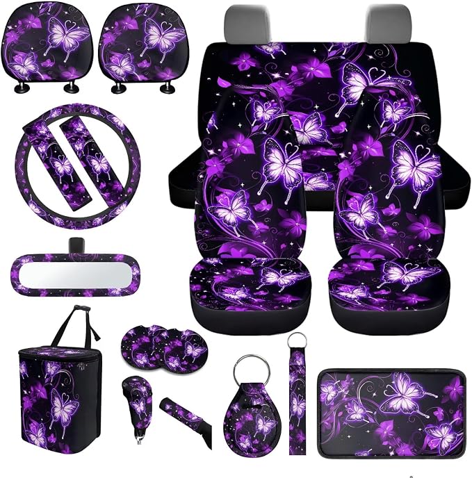 Purple Butterfly Car Seat Covers Full Sets of 18 Pieces Butterfly Car Interior Accessories Set with Soft Car Seat Belt Pads Cover Car Headrest Covers Steering Wheel Wrap,Universal Fit