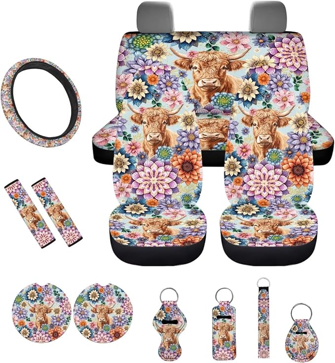 Boho Mandala Highland Cattle Pattern Car Accessories Car Seat Covers Full Set with Steering Wheel Covers+Seat Belt Pads+Coasters+Keychain+Lipstick Holder Universal Fit(13 Pack)