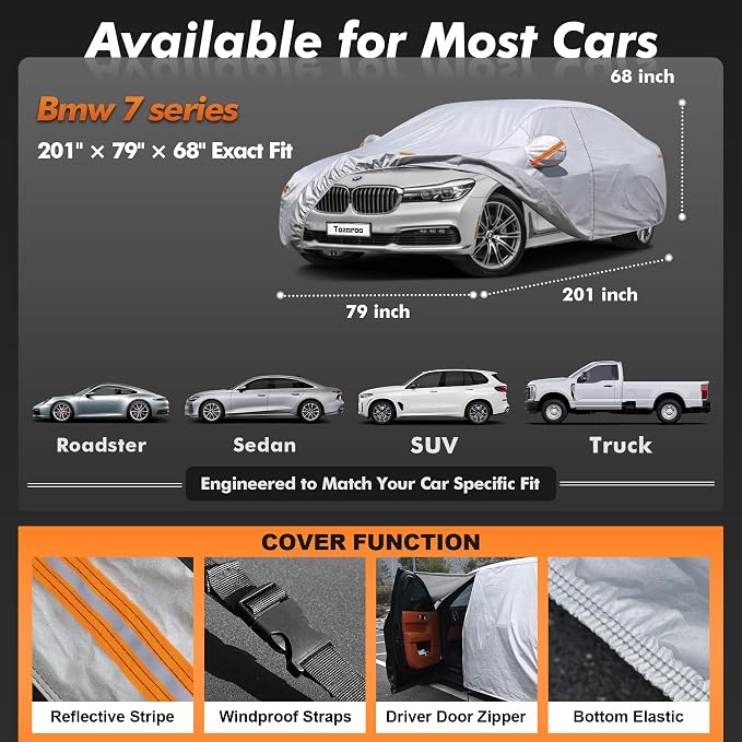 Car Cover Waterproof All-Weather,Heavy-Duty Outdoor Full Exterior Automobiles Sedan/Coupe (Length 204-208 inch) with Windshield Sun Shade Universal Fit Lexus ES350, Tesla Model S,BMW 740i etc