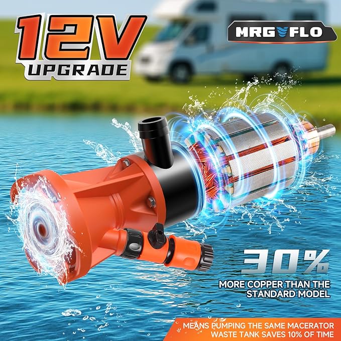 RV Macerator Pump 12V,Portable Macerator Waste Pump,12GPM Suction 3.2 feet Lift 10 feet with Garden Hose Discharge Port,Quick Release Sewage Pump with Fresh Water Rinse and Manual Crushing Function.