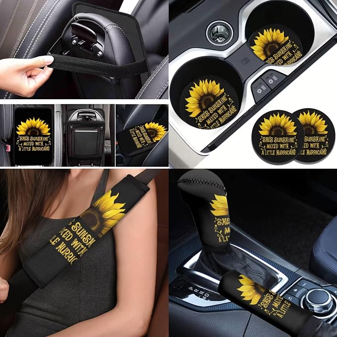 BIGCARJOB Sunshine Sunflower Car Seat Covers Full Set 12 Pcs Sunflower Print Car Accessories Interior Seat Protector for Womens Seat Belt Cover,Armrest Pads,Cup Holder Coaster