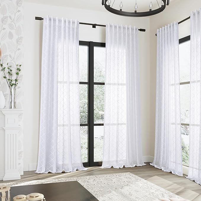 Hokibero Pure White Semi Sheer Curtains 84 Inches Long for Living Room Bedroom,Back Tab Rod Pocket Light Filtering Drapes Geometric Embroidered Diamond Pattern Sliding Glass Door,52 x 84,2 Panels