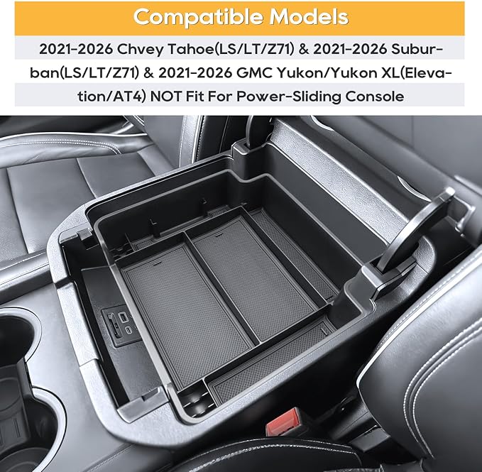 Center Console Organizer for 2021-2026 Chvey Tahoe(LS/LT/Z71) & 2021-2026 Suburban(LS/LT/Z71) &2021-2026 GMC Yukon/Yukon XL(Elevation/AT4) Armrest Storage Accessories-Not Fit For Power-Sliding Console