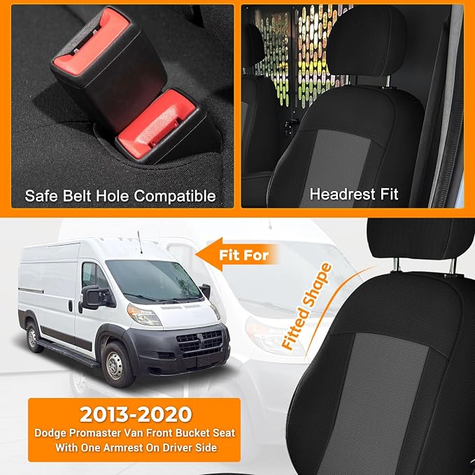 Front Bucket Seat Covers Compatible with 2013-2020 Dodge Ram Promaster Van, Armrest on Drivers Only, Breathable Automotive Cover Cushion Accessories, Black and Charcoal