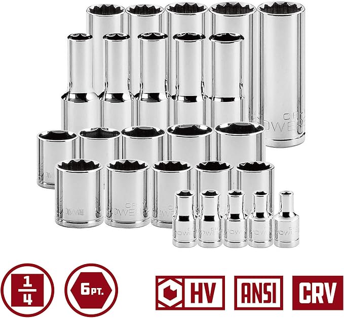 Powerbuilt 47 Piece Socket, Ratchet, Accessories Tool Set, 1/4-Inch Drive, SAE and Metric, Storage Tray, Pro Tech Tools Series, 949004, Silver