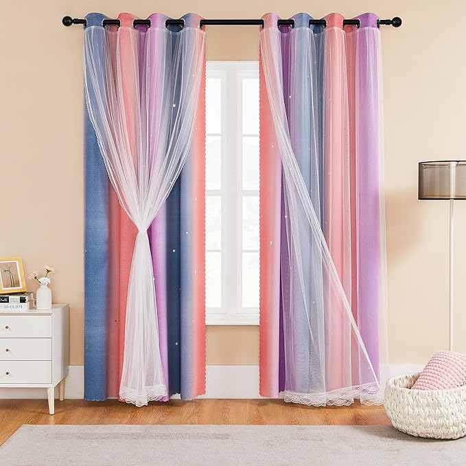 XiDi Blackout Curtains for Girls Bedroom Decor 45 inches Long Window Curtains Colorful Rainbow Design 2 Panel Sets, Kids Room Unicorn Princess Theme Home Decor Ombre Drapes Grey/Pink/Purple W34 X L45
