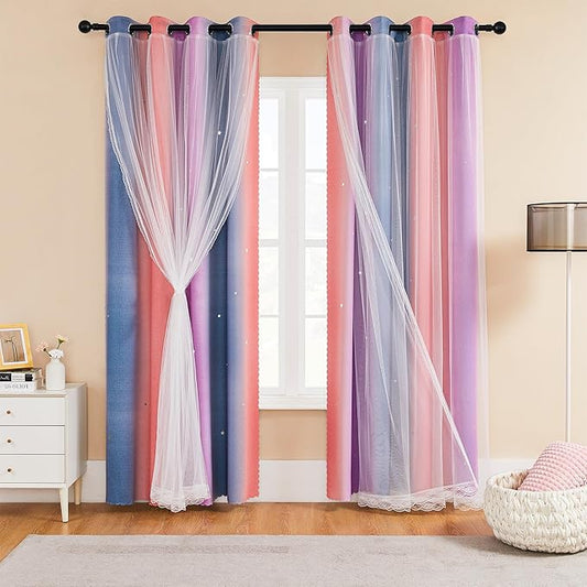 XiDi Grey Pink Purple Curtains for Girls Bedroom Decor Kids Blackout Curtains for Nursery Room Darkening Rainbow Princess Unicorn Wall Decals Little Girl 52x45 Inches Long 2 Panels Set