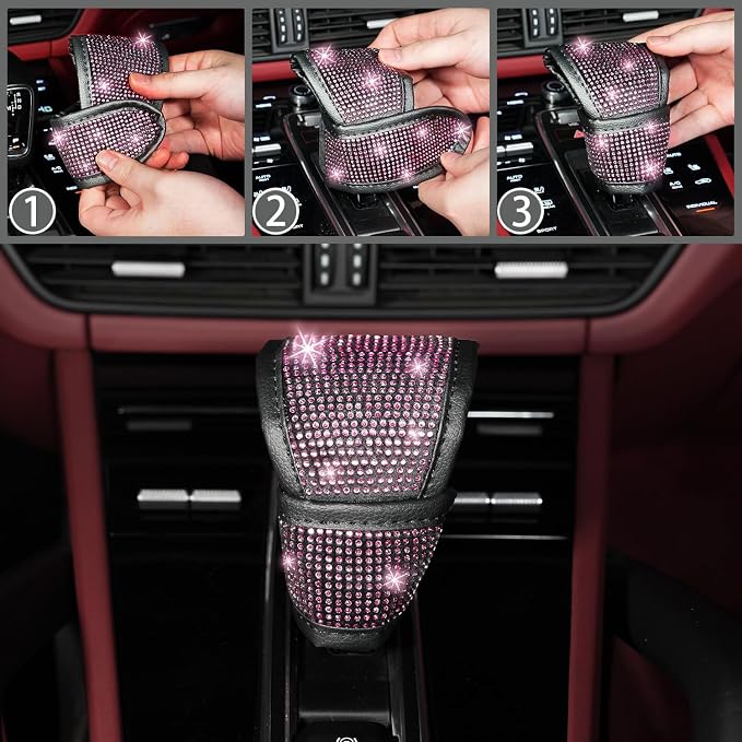 NBTEPEM 8 pcs Pink Bling Car Accessories Set for Women, Steering Wheel Cover, Sparkly Seat Belt Covers, Bling Gear Shift Cover, Universal Fit Most Cars (Pink Diamond)