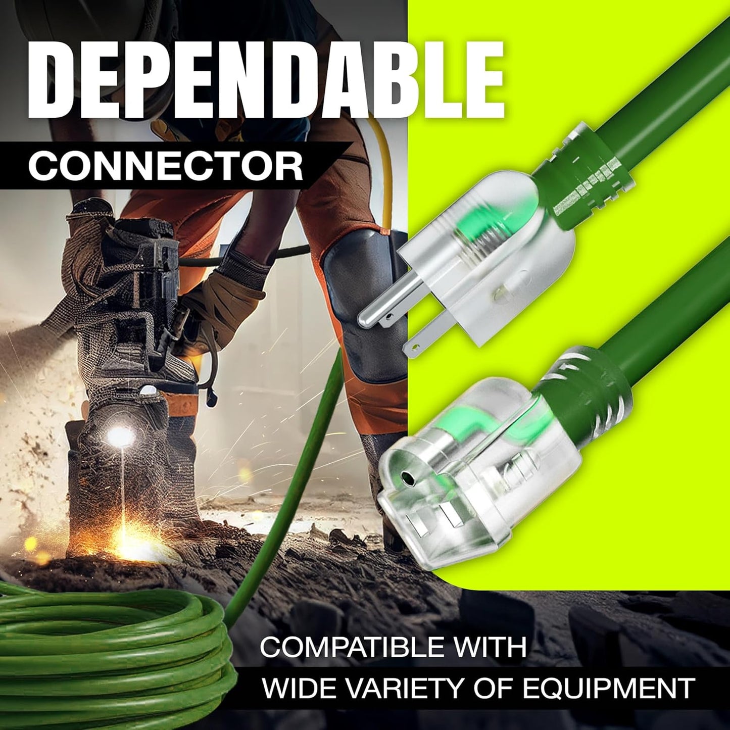 3ft Outdoor/Indoor Extension Cord 12/3 Gauge Extra Heavy Duty 3 Prong SJTW, Waterproof, Flexible Cold-Resistant Long Power Cord,15A 125V 1875W, Green by LifeSupplyUSA