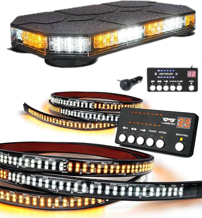 LUMENIX Rooftop Strobe Beacon Lights Bar w/Control Panel and 2PCS 70 Inch Running Board Emergency Strobe Lights Strip Bundle