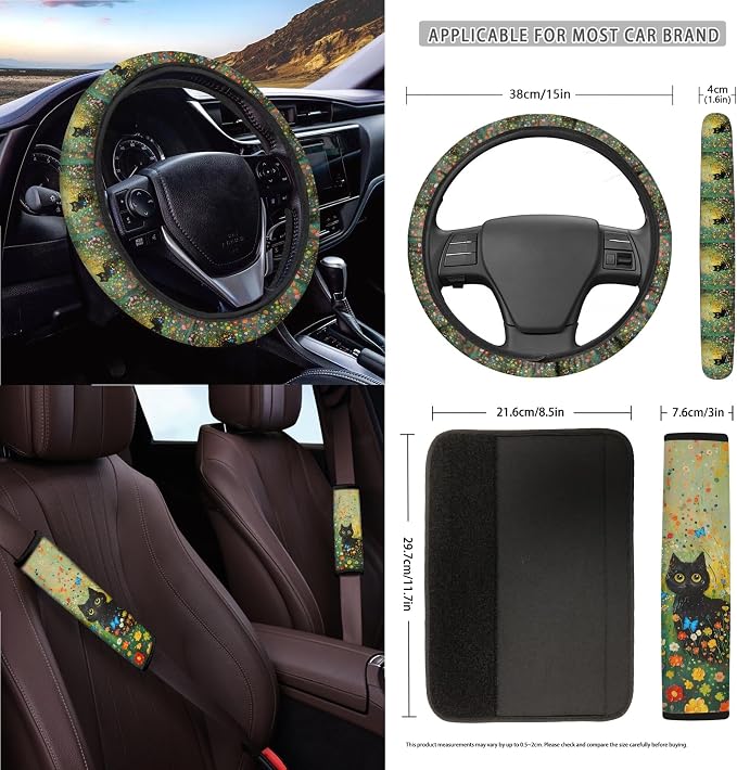 Cat Floral Butterfly Print Car Seat Cover Set Steering Wheel Covers Seat Belt Strap Cover Garbage Cans Air Vent Storage Holder Rear View Mirror Covers Coasters Key Chain, 15 Pack