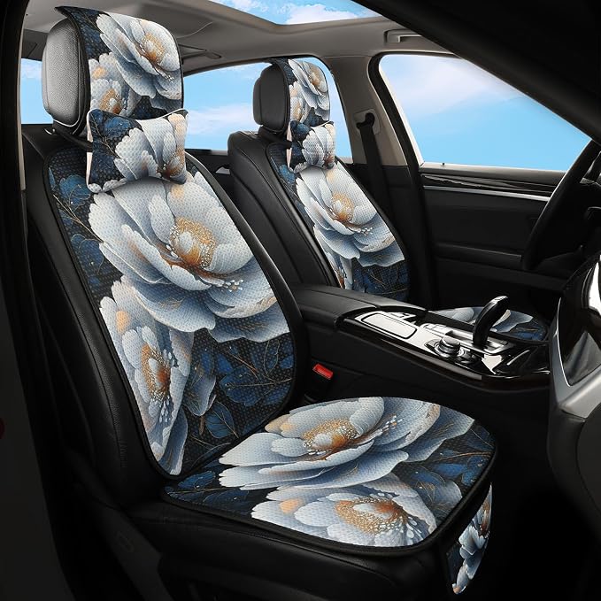 Luxury Boho Car Seat Covers Set,5-Seat Full Set with Headrest,White Peony Vintage Bohemian Floral Pattern Honeycomb Knit Fabric,Breathable&All-Season Universal Automotive Seat Protectors
