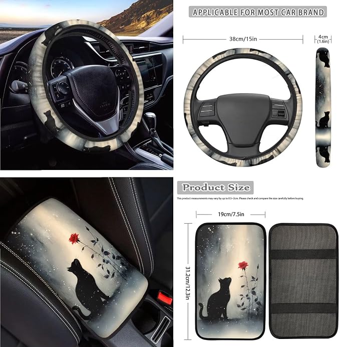 Cat Rose Print Car Seat Cover for Front and Back Seats with Headrest Covers Steering Wheel Cover Safety Belt Pads Armrest Cushion Gear Shift Lever and Handbrake Covers Keychain