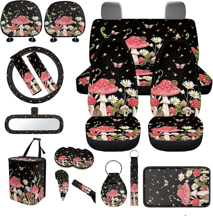 Mushroom Car Interior Accessories Set 18 Pcs Mushroom Print Car Seat Covers Full Set with Car Trash Can Car Headrest Covers Steering Wheel Cover Armrest Box Pad Handbrake Cover Universal