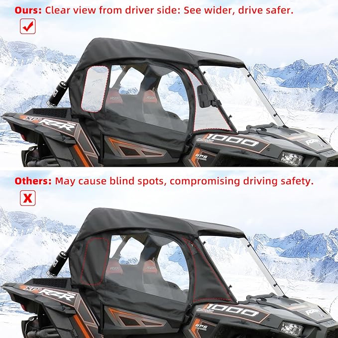 RZR Soft Upper Door YKK Zipper Compatible with Polaris RZR XP 1000 / XP Turbo 2014-2023 2-Seater Models, UTV Cab Enclosures Side Windows, Work with Side Mirror Windshield Roof