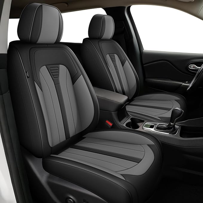 Car Seat Covers Fit for Jeep Grand Cherokee 2005-2025 2026 Waterproof Leather Seat Covers Breathable and Comfortable All Weather Seat Covers (2 Front Set, Black & Grey)
