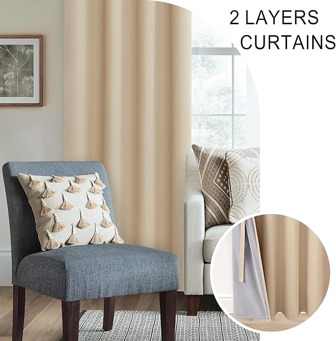 XWZO 100% Blackout Curtains 63 Inches Long - Thermal Insulated & Completely Room Darkening Black Liner Window Treatment with Tiebacks for Bedroom/Living Room, Biscotti Beige, W42 x L63, Set of 2