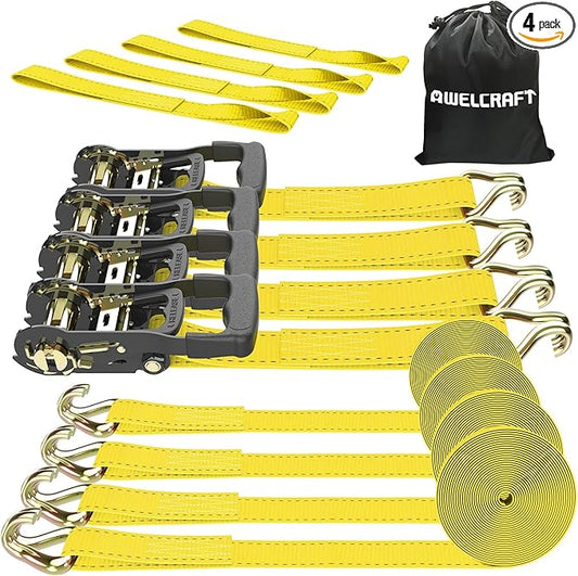 AWELCRAFT Ratchet Straps Heavy Duty 4 Pack,4500lbs Breaking Strength,1.5in×15ft Tie Down Ratcheting Strap with Padded Handles, Double J Hooks & Soft Loops for Motorcycle,Trailer & Trucks (Yellow)