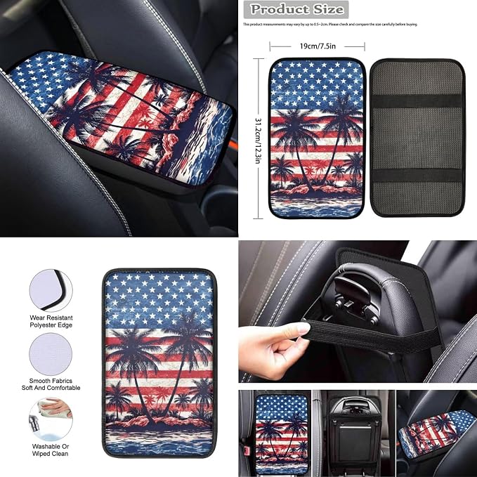 Wanyint Car Seat Cover Full Set 12 PCS, with Steering Wheel Seat Belt Strap Armrest Pad Handbrake Cover Gear Shift Cover Coasters Universal Fit for 4th of July, Hawaiian Palm Tree US Flag