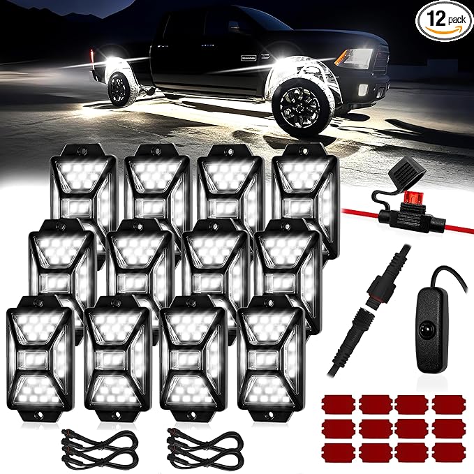 12 Pods Pure White LED Rock Lights Kit with Switch Wiring Harness,6500K 324 LEDs Bright Rock Lights for Trucks,Waterproof Underglow Light for Car Jeep Off Road ATV UTV SUV(Patented)