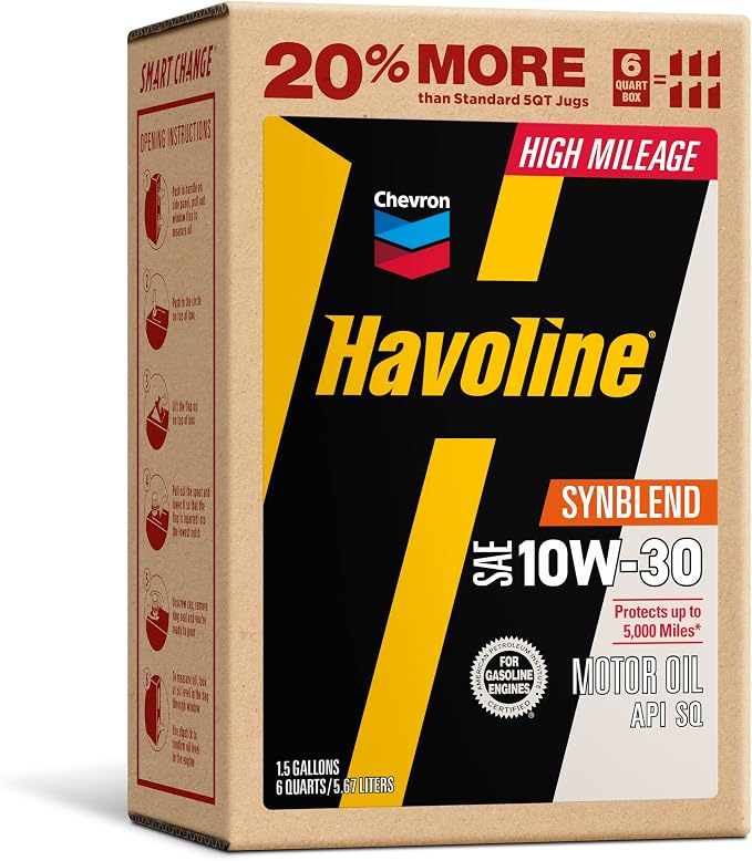 Havoline Motor Oil 10w30 High Mileage Synthetic Technology Smart Change Engine Oil, 10W-30, 6 Quarts, Pack of 1