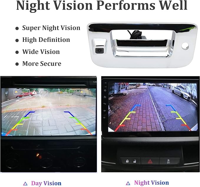 RED WOLF Chrome Tailgate Handle with Backup Camera Fit for 2007-2014 Chevrolet Silverado GMC Sierra 1500 2500 HD Parking Grid Lines Available IP68 Waterproof Heavy Duty 150°Wide View