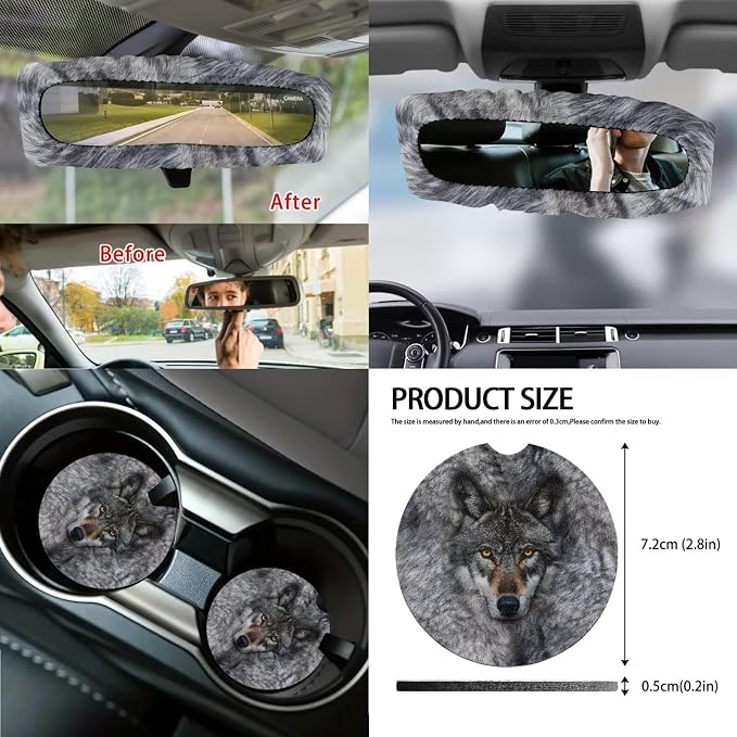 Wolf Print Car Seat Covers Full Set High Back Bucket Seat Covers with Steering Wheel Cover Center Console Armrest Pad Seatbelt Pads Car Rear View Mirror Protector Garbage Bag