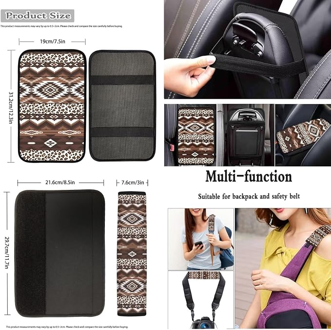 Dreaweet Aztec Leopard Print Car Seat Covers Full Set 12 Pcs - Brown Front and Back Seat Covers with Steering Wheel Cover with Center Console Cover,Coasters,Seatbelt Covers,Gear Shift Handbrake Cover