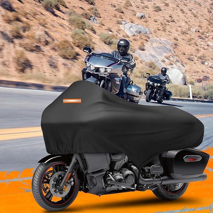 Motorcycle Half Cover with Elastic Hook and Reflective Strip Waterproof Dustproof Sunproof All-Weather Protection Suitable for Touring Models Road King Street Glide Road Glide and More(Black)