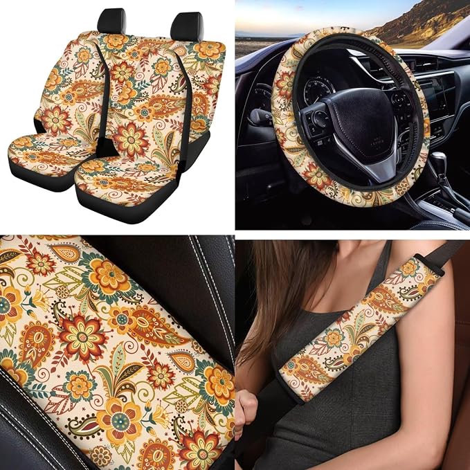 Vintage Floral Automobile Seat Cover Sets 12 Pack with Car Steering Wheel Cover Arm Rest Cover Keychain Holder Protector Seat Belt Pads Suitable for Most Cars,SUV
