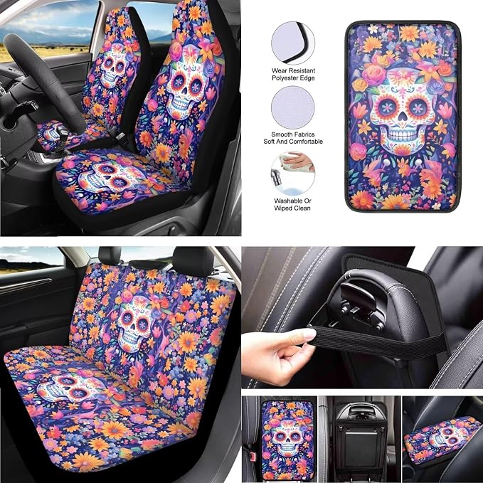 13 Pcs Skull Sunflower Universal Car Seat Covers Set Watercolor Skeleton Print Steering Wheel Cover/Cup Coasters Trucks Sedan SUV Cover Armrest Cushion Pad