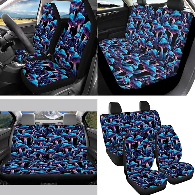 Purple Mushroom Auto Seat Covers Full Set+Mushrooms Coaster for Car+Mushroom Steering Wheel Covers+ Keychains+Vehicle Interior Mirror Covers+Handbreak Gear Shift Cover for Cars